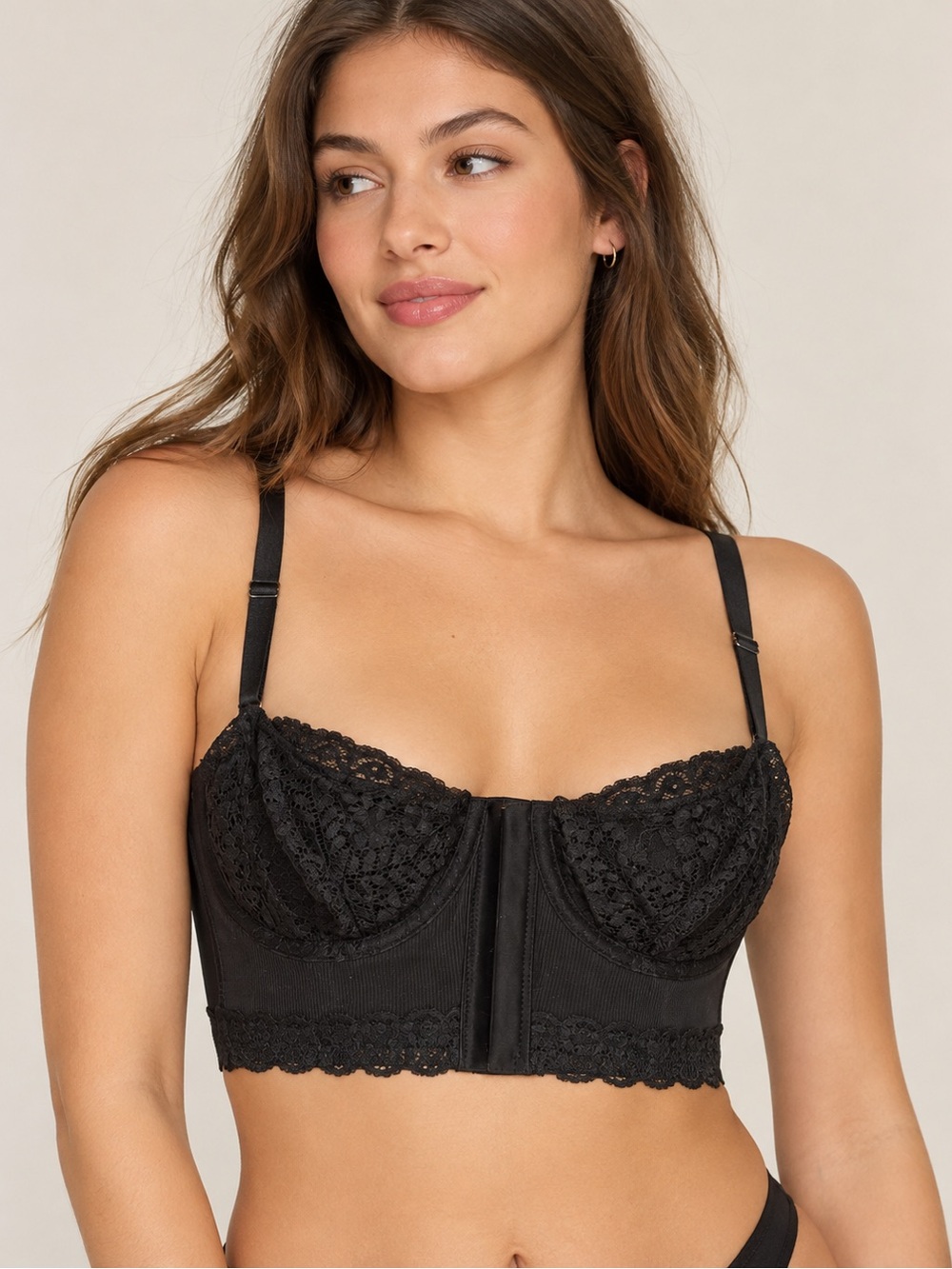 aerie Black Lace Longline Underwire Bustier Bra